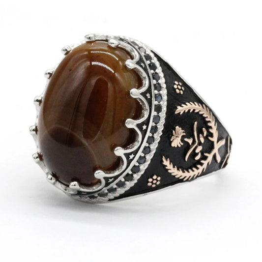 925 Sterling Silver Islamic Men Ring with Oval Natural Stone Rings Crown Lucky Grass Symbol Punk Turkish Jewelry