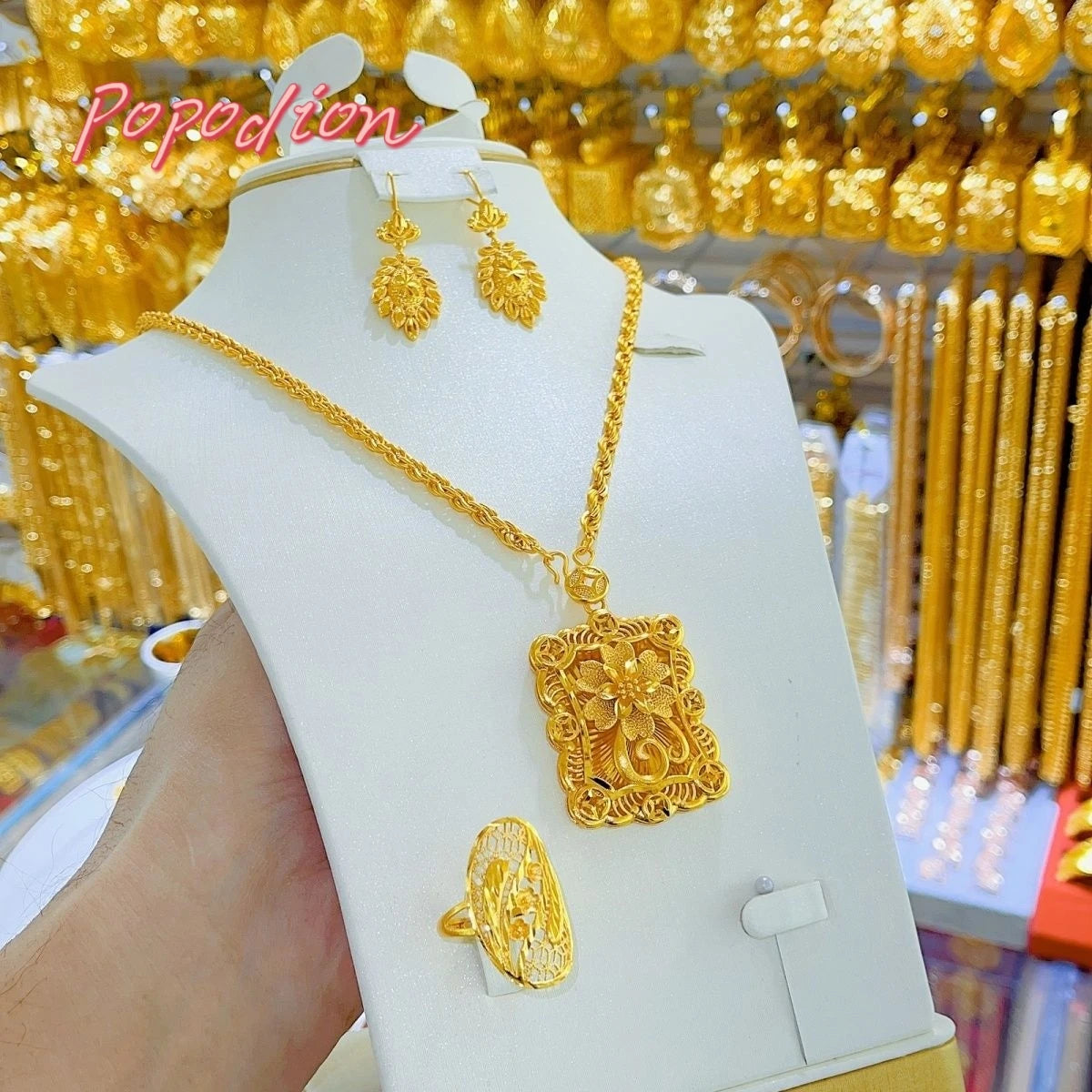 24K Gold Plating Dubai Jewelry Necklace Earrings Three Piece Set