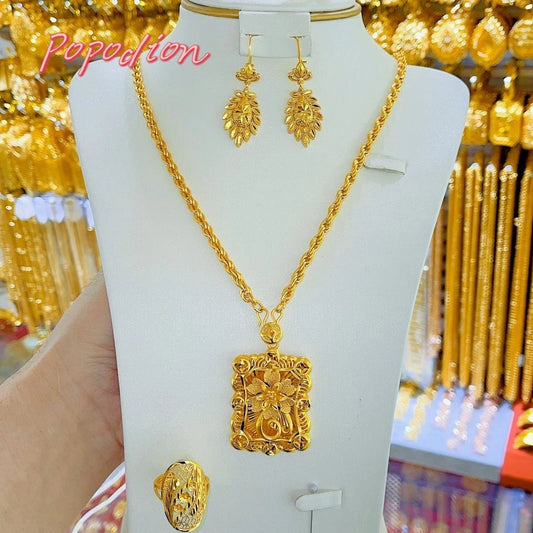 24K Gold Plating Dubai Jewelry Necklace Earrings Three Piece Set