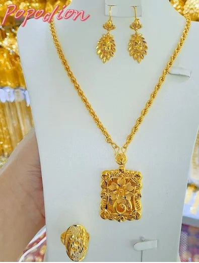 24K Gold Plating Dubai Jewelry Necklace Earrings Three Piece Set