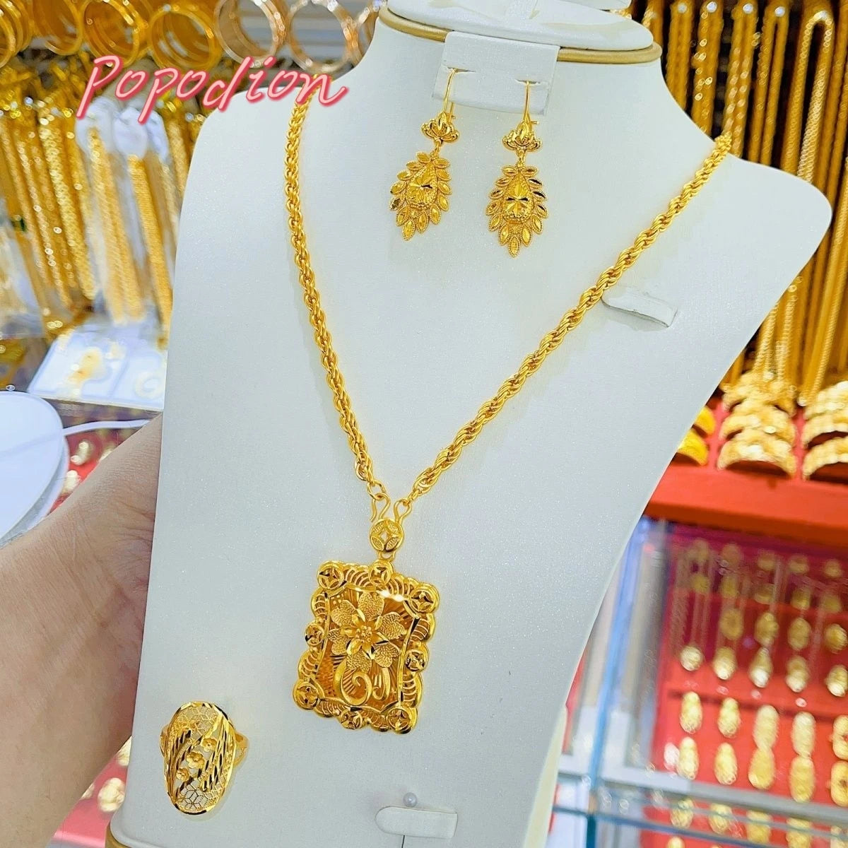 24K Gold Plating Dubai Jewelry Necklace Earrings Three Piece Set