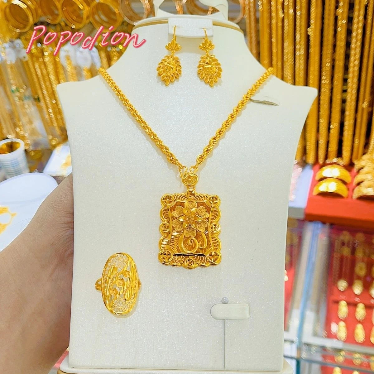 24K Gold Plating Dubai Jewelry Necklace Earrings Three Piece Set