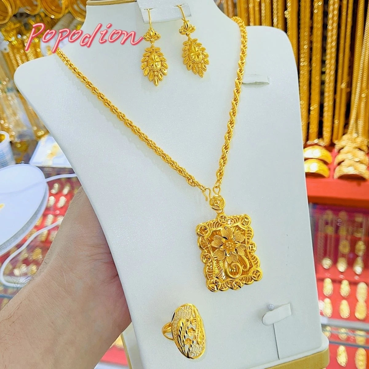 24K Gold Plating Dubai Jewelry Necklace Earrings Three Piece Set